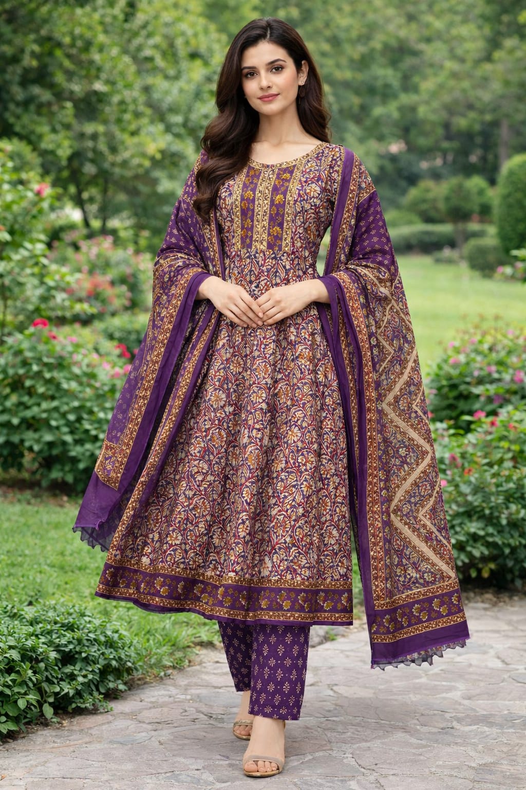 Purple Floral Printed Cotton Anarkali Set with Dupatta