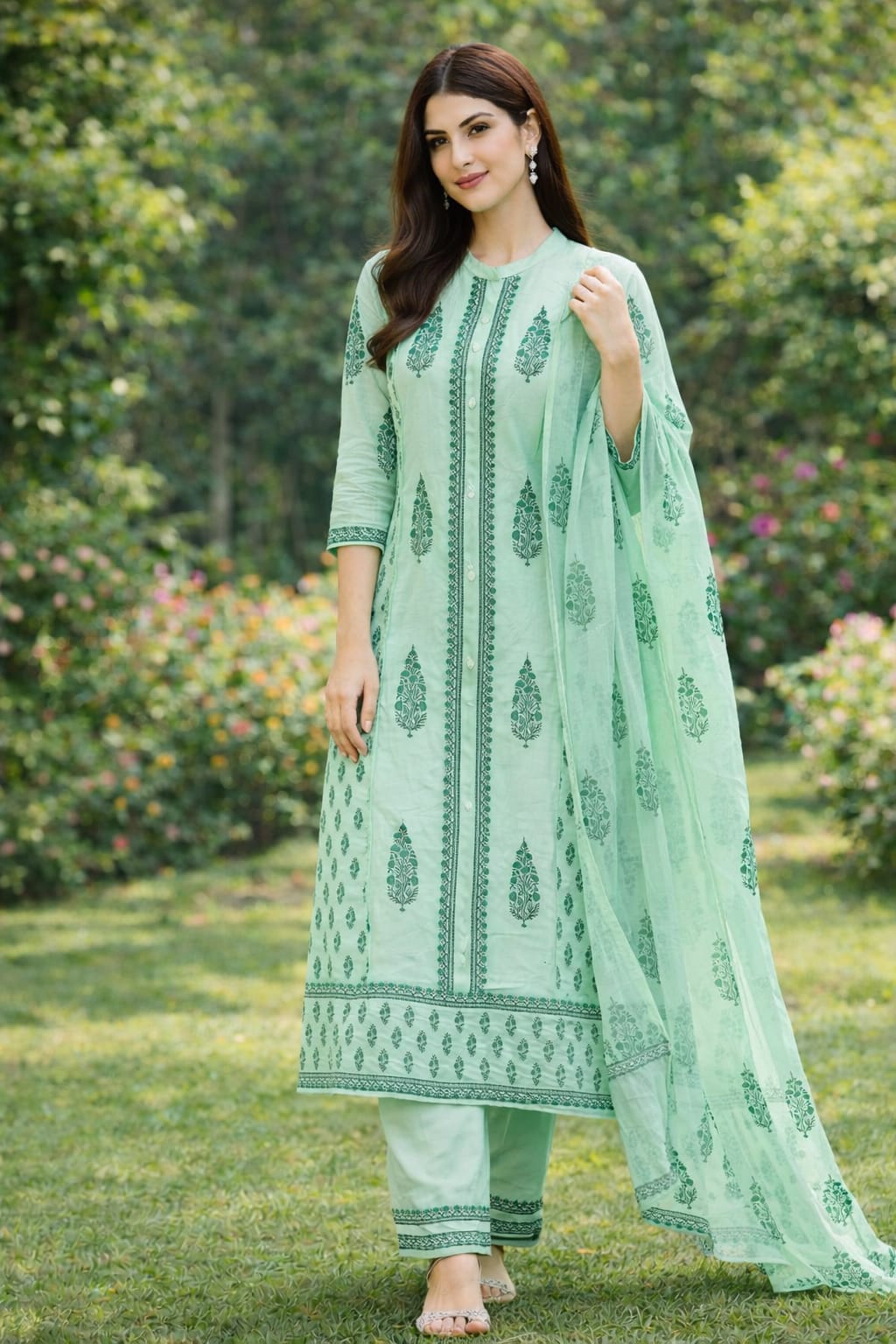Premium Cotton Straight Kurta Set with Handblock Print & Sequin Detailed Dupatta