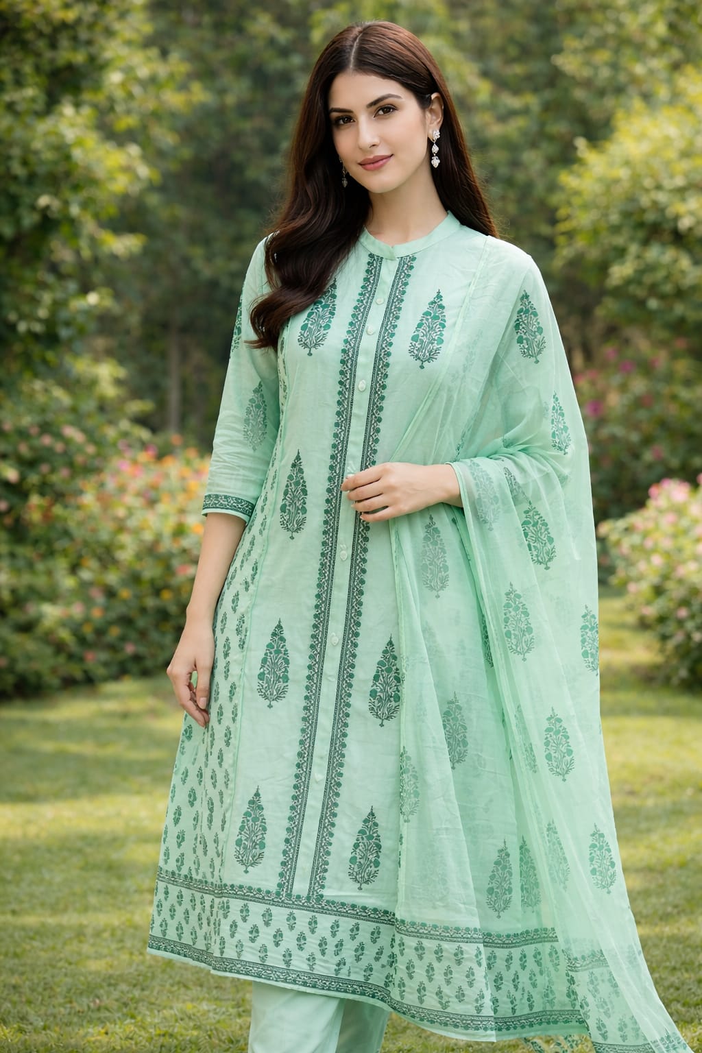 Premium Cotton Straight Kurta Set with Handblock Print & Sequin Detailed Dupatta