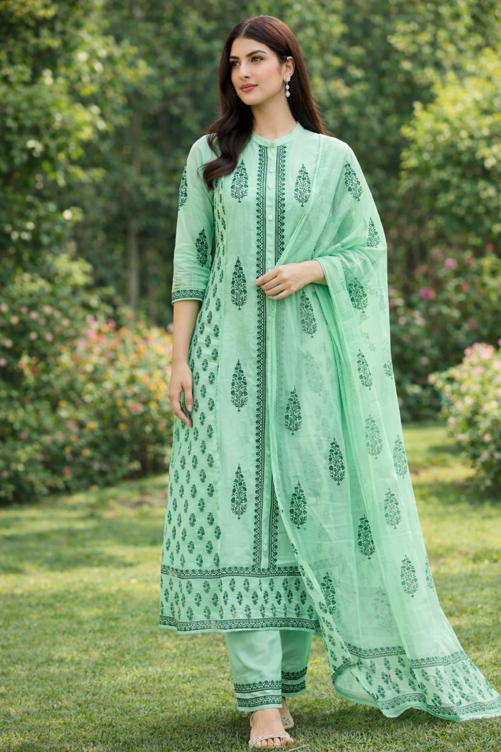 Premium Cotton Straight Kurta Set with Handblock Print & Sequin Detailed Dupatta