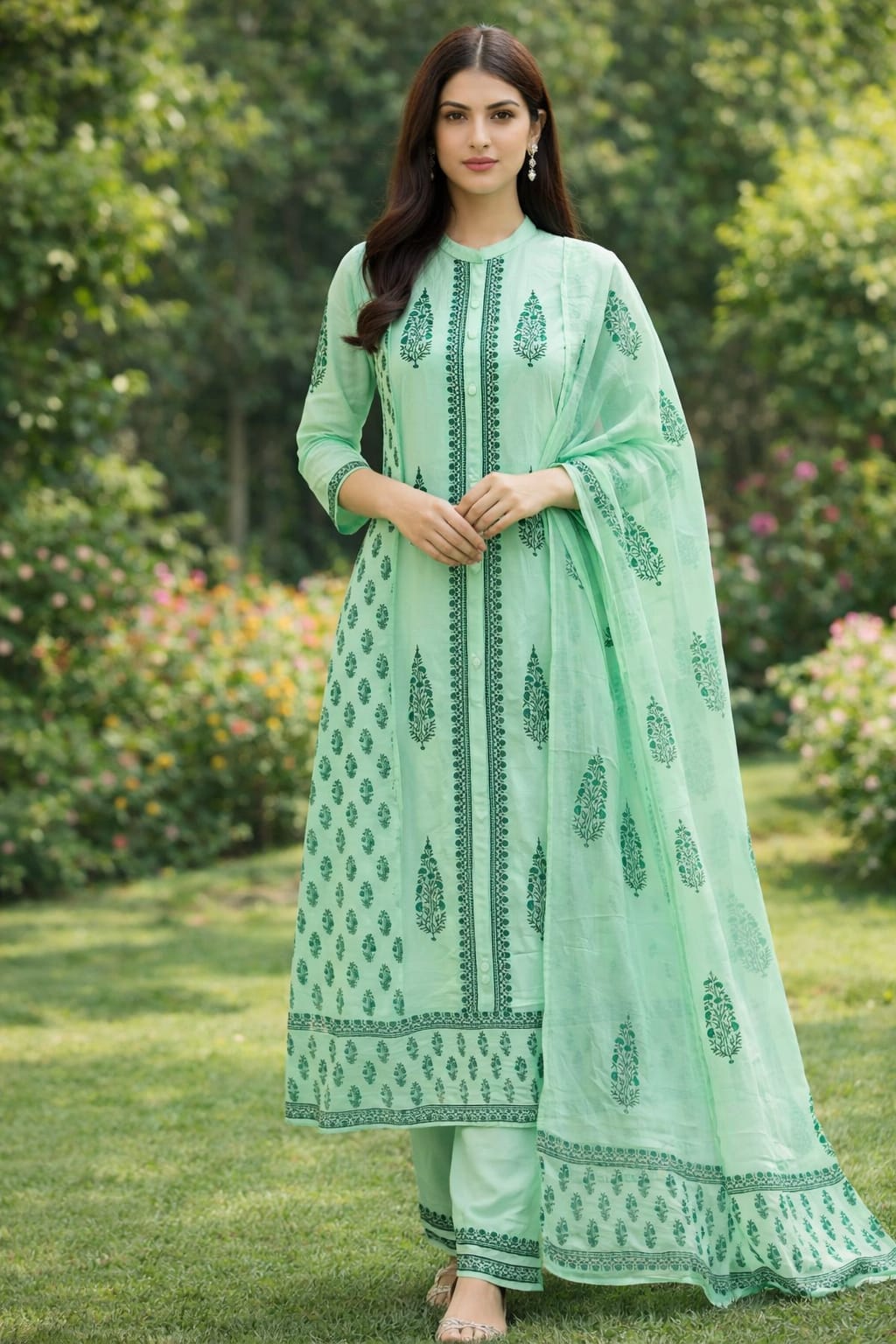 Premium Cotton Straight Kurta Set with Handblock Print & Sequin Detailed Dupatta