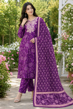 Purple Embroidered Floral printed Straight 3 pcs Kurta set with Sequin handwork for women