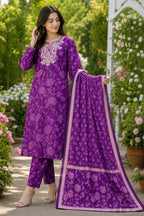 Purple Embroidered Floral printed Straight 3 pcs Kurta set with Sequin handwork for women