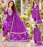 Purple Embroidered Floral printed Straight 3 pcs Kurta set with Sequin handwork for women