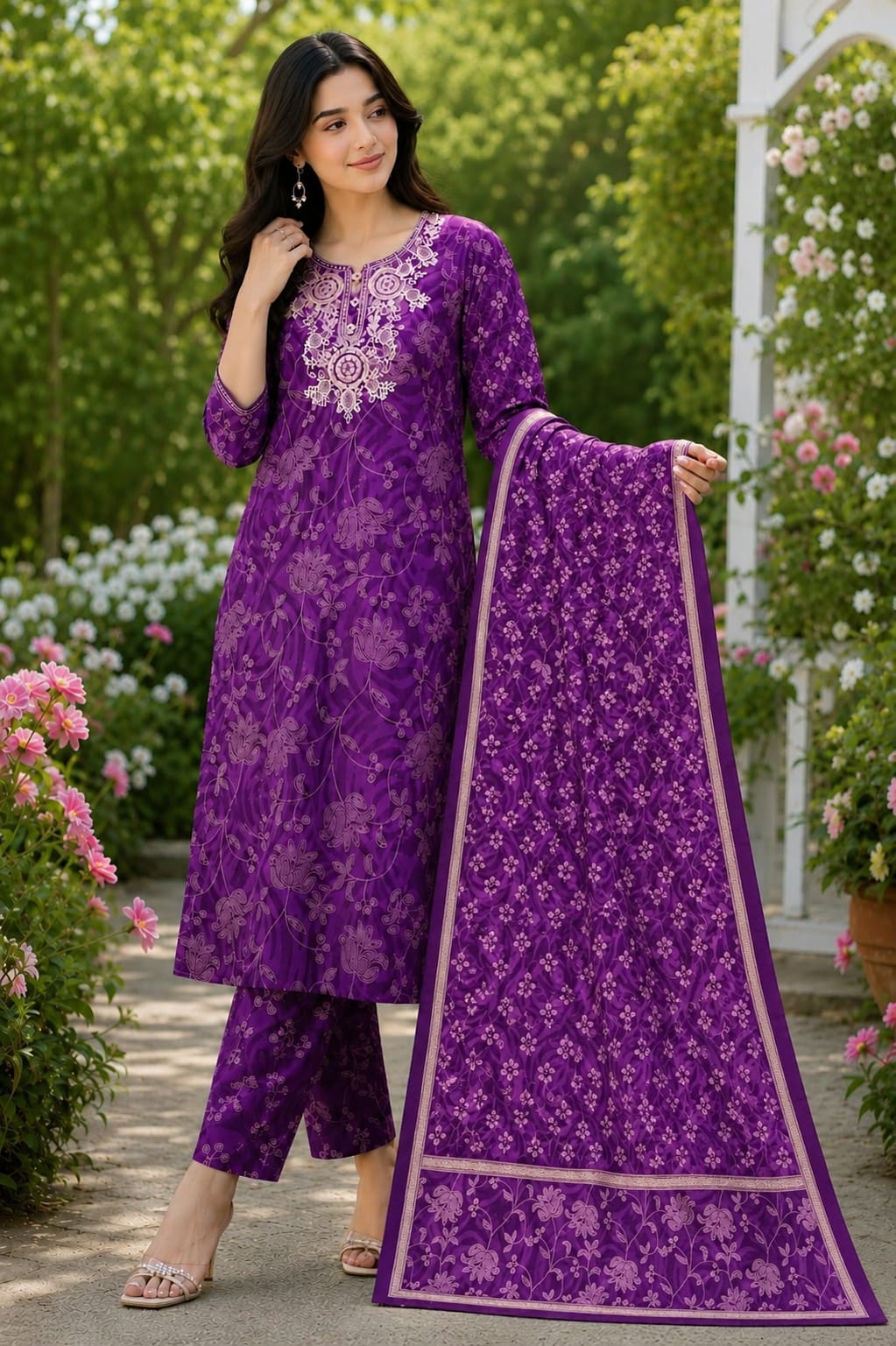 Purple Embroidered Floral printed Straight 3 pcs Kurta set with Sequin handwork for women