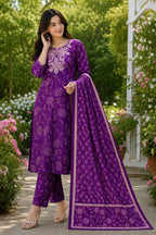 Purple Embroidered Floral printed Straight 3 pcs Kurta set with Sequin handwork for women