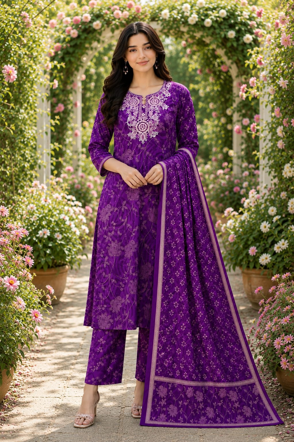 Purple Embroidered Floral printed Straight 3 pcs Kurta set with Sequin handwork for women