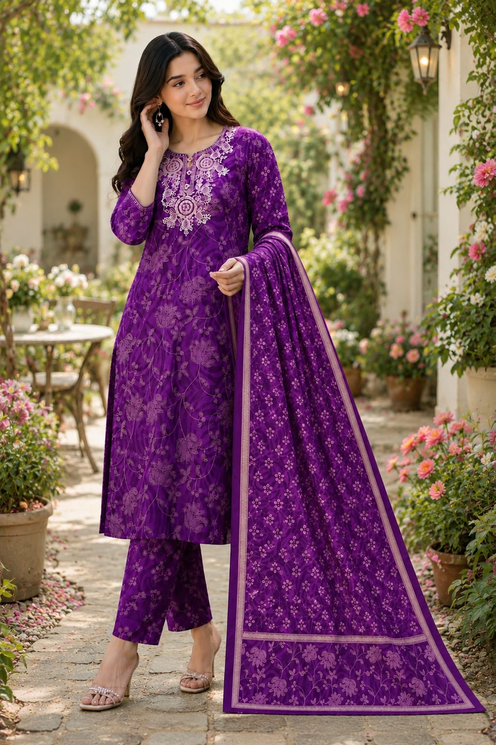 Purple Embroidered Floral printed Straight 3 pcs Kurta set with Sequin handwork for women