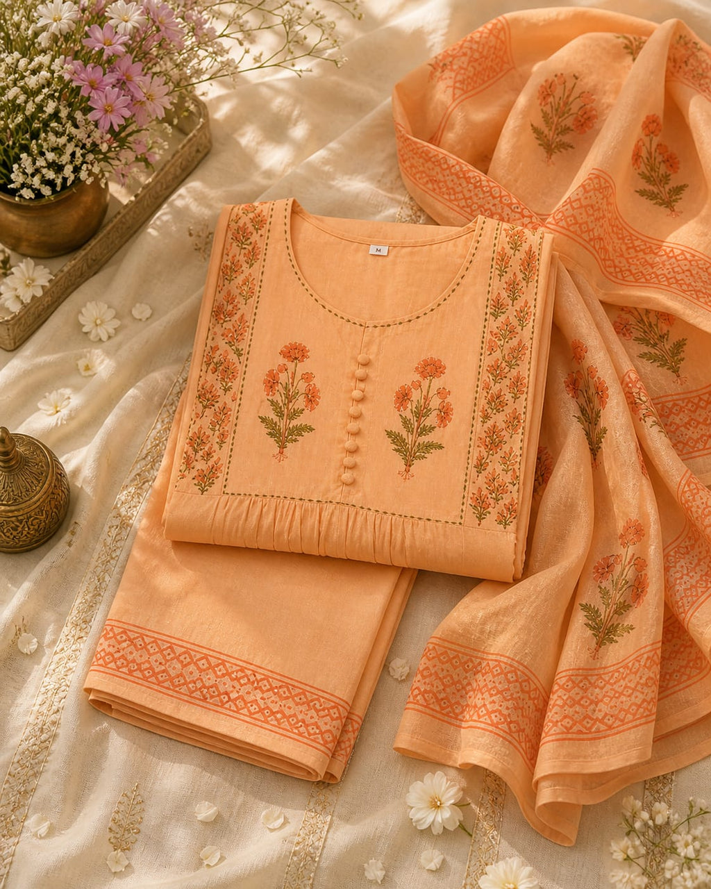 Pastel Peach colour Handblock elephant printed Straight 3 pcs Kurta set for women with Sequin handwork detailing on neckline with Tassels