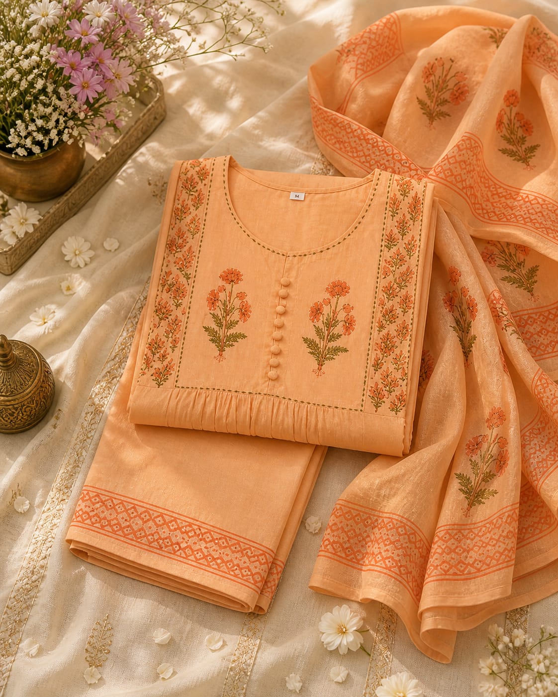 Pastel Peach colour Handblock elephant printed Straight 3 pcs Kurta set for women with Sequin handwork detailing on neckline with Tassels