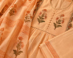 Pastel Peach colour Handblock elephant printed Straight 3 pcs Kurta set for women with Sequin handwork detailing on neckline with Tassels