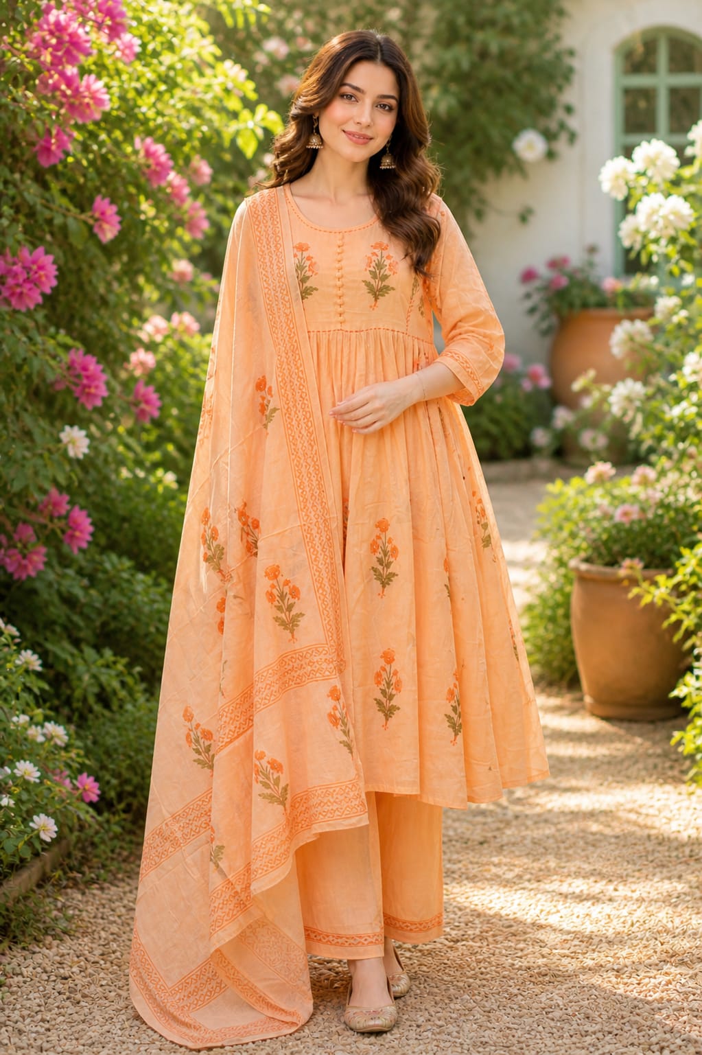 Pastel Peach colour Handblock elephant printed Straight 3 pcs Kurta set for women with Sequin handwork detailing on neckline with Tassels