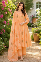 Pastel Peach colour Handblock elephant printed Straight 3 pcs Kurta set for women with Sequin handwork detailing on neckline with Tassels
