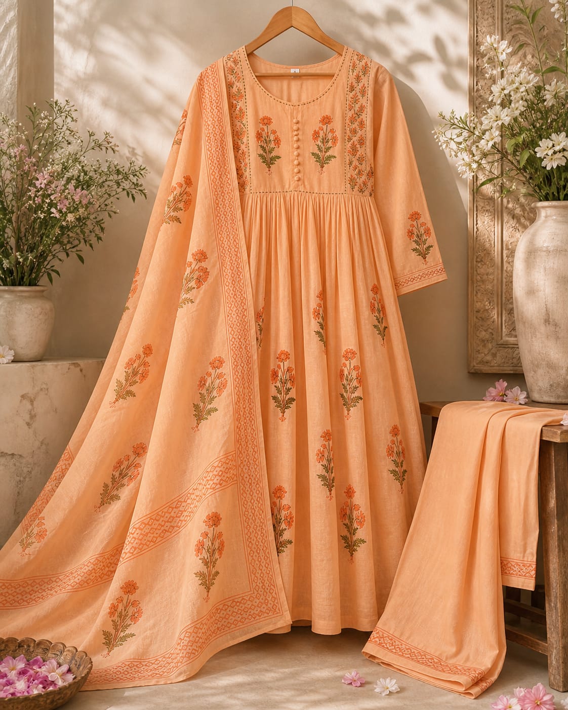Pastel Peach colour Handblock elephant printed Straight 3 pcs Kurta set for women with Sequin handwork detailing on neckline with Tassels
